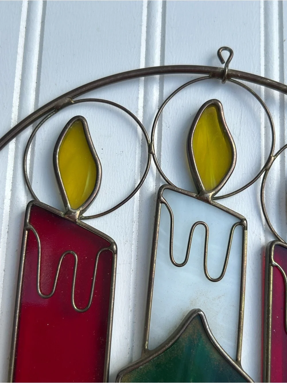 Vintage Stained Glass Candle Wreath Holly Red Green White Christmas Hang 9 Inch